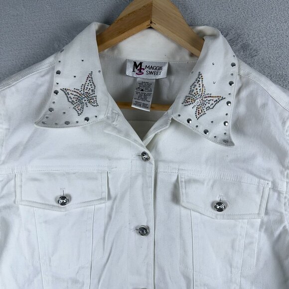 Maggie Sweet Denim Jacket Beaded Butterfly Detail Womens White Size Large Petite - Picture 3 of 12